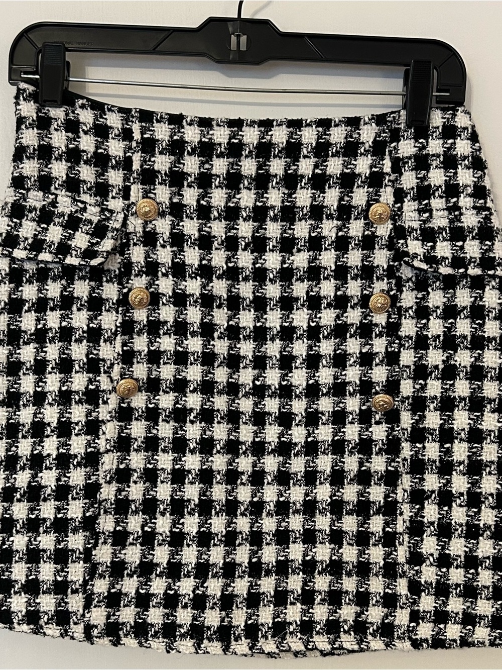 Alya Black and White Houndstooth Tweed Mini Skirt with Gold Buttons